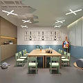 School Classroom Interior With Wooden Table Green Chairs And Wall Paintings