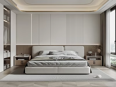 Modern Minimalist Bedroom with Striped Walls Platform Bed and Wooden Nightstands 3d model