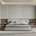 Modern Minimalist Bedroom with Striped Walls Platform Bed and Wooden Nightstands