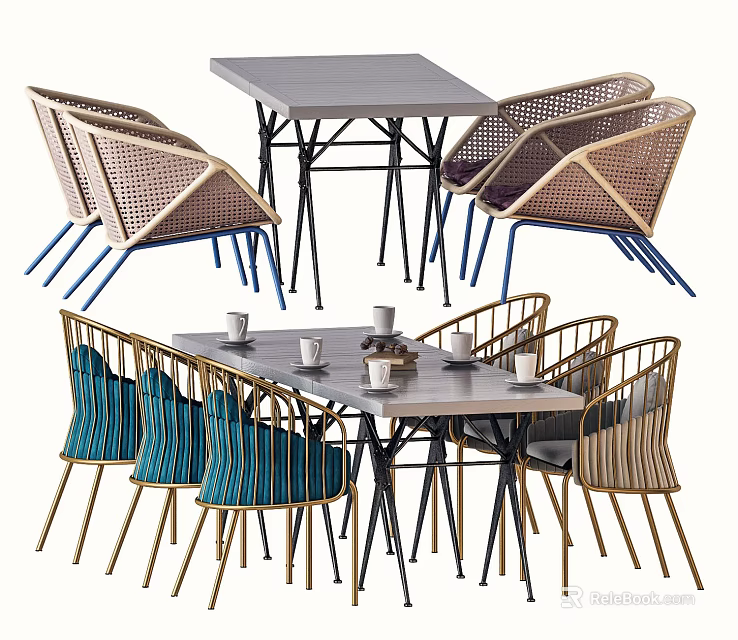 Modern Dining Table Set With Rattan Chairs Blue Gold Accents Metal Legs Square Tabletop 3d model 