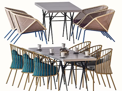 Modern Dining Table Set With Rattan Chairs Blue Gold Accents Metal Legs Square Tabletop 3d model