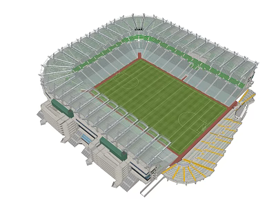 Modern Football Stadium Design With Green Grass Field Running Track And Seating Areas 3d model