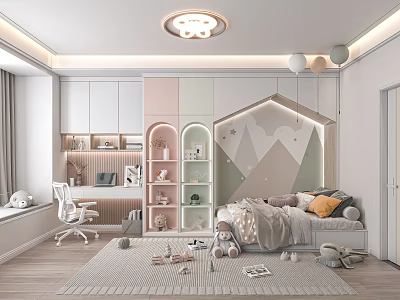 Kids Room Interior Design With Geometric Headboard Wall Arched Bookshelf Desk Chair Rug And Toys 3d model