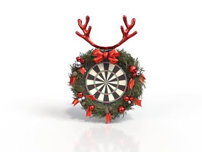 Christmas Themed Dartboard Decoration With Red Antlers Green Wreath Bow And Ornaments 3d model