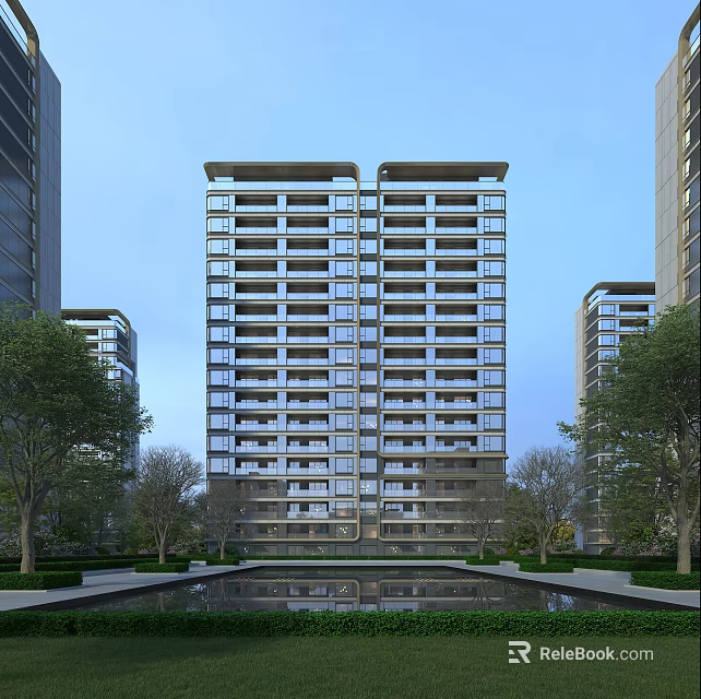 Modern High Rise Residential Building With Surrounding Trees And Reflecting Pool 3d model 