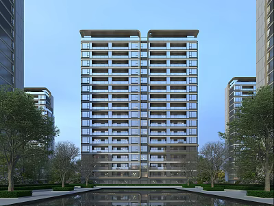 Modern High Rise Residential Building With Surrounding Trees And Reflecting Pool 3d model