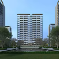 Modern High Rise Residential Building With Surrounding Trees And Reflecting Pool