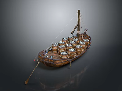 Vintage Wooden Boat Loaded With Multiple Stacked Wooden Barrels And Oar 3d model
