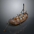Vintage Wooden Boat Loaded With Multiple Stacked Wooden Barrels And Oar