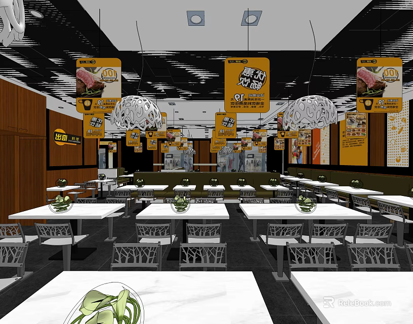 Modern Restaurant Interior with Yellow Hanging Banners Wooden Walls and Dining Tables 3d model 