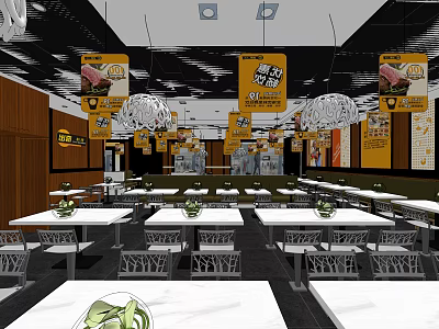 Modern Restaurant Interior with Yellow Hanging Banners Wooden Walls and Dining Tables 3d model
