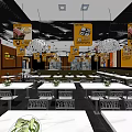 Modern Restaurant Interior with Yellow Hanging Banners Wooden Walls and Dining Tables
