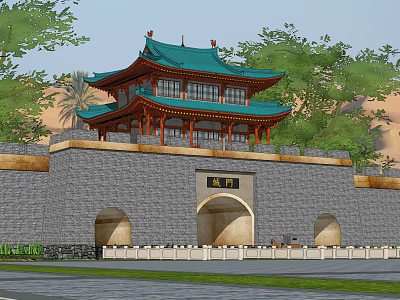 Ancient Architecture With Green Roof Multi Layered Structure Stone Wall And Arched Gateways 3d model