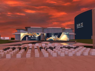 Modern Building With Flex Signage And Red Sky Over Outdoor Cube Seats 3d model