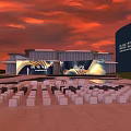 Modern Building With Flex Signage And Red Sky Over Outdoor Cube Seats