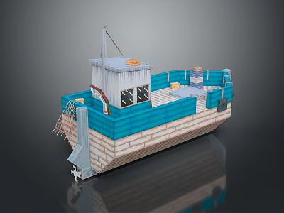 Model Boat Blue And White Hull With Deck Railing Orange Buoys And Small Cabin Design 3d model