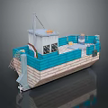 Model Boat Blue And White Hull With Deck Railing Orange Buoys And Small Cabin Design