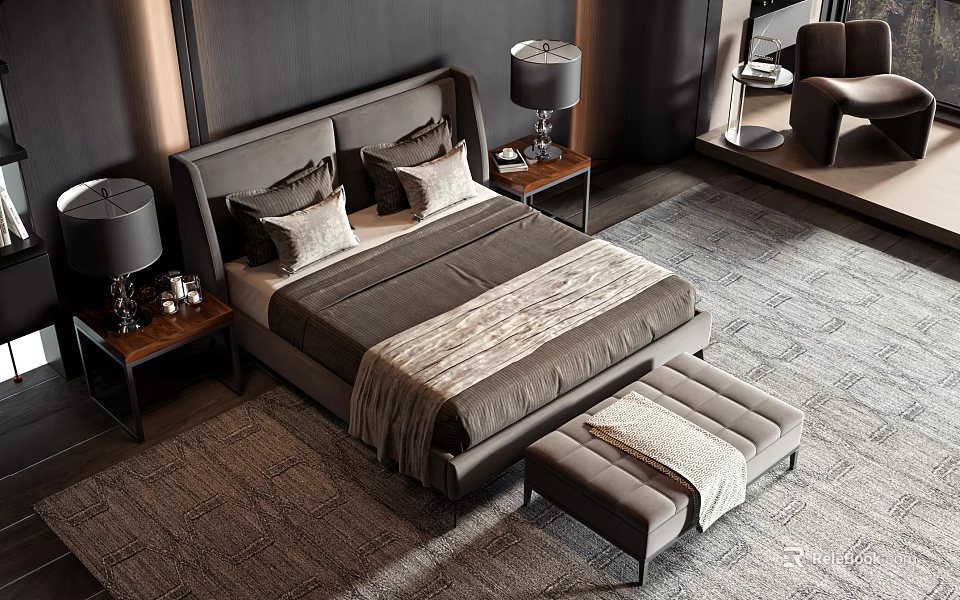 Modern Double Bed Bedroom Design With Gray Bedding Bedside Tables Lamps And Bench 3d model 