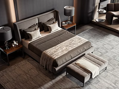 Modern Double Bed Bedroom Design With Gray Bedding Bedside Tables Lamps And Bench 3d model