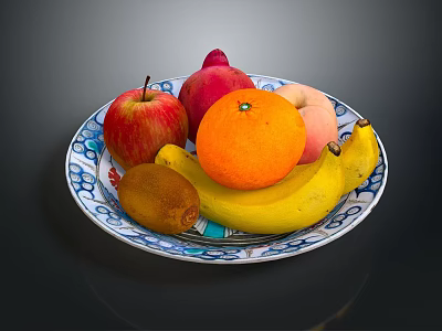 Fresh Assorted Fruits On Blue White Patterned Plate With Apples Oranges Bananas And Kiwi 3d model
