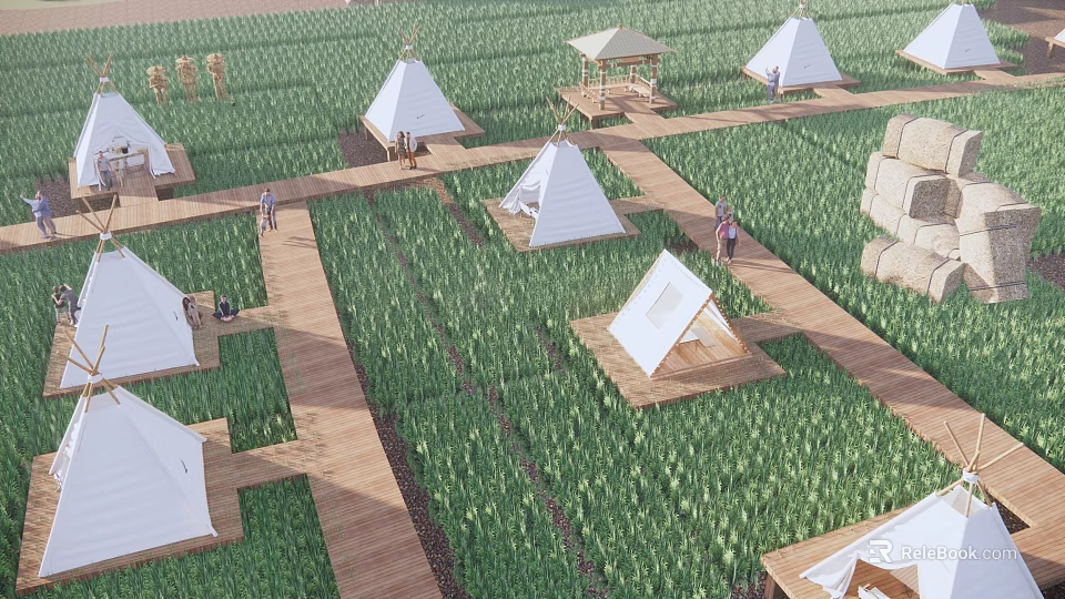 Garden Landscape in Green Fields with White Conical Tents Wooden Walkways Pavilion and People Walking 3d model 