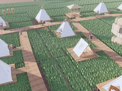 Garden Landscape in Green Fields with White Conical Tents Wooden Walkways Pavilion and People Walking 3d model