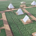 Garden Landscape in Green Fields with White Conical Tents Wooden Walkways Pavilion and People Walking