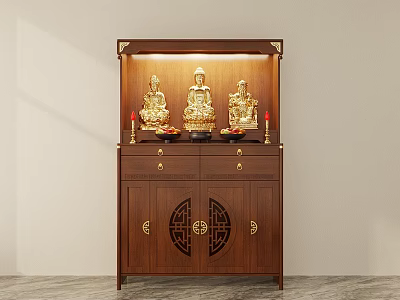 Traditional Wooden Buddhist Shrine Cabinet With Carved Doors And Golden Buddha Statues 3d model