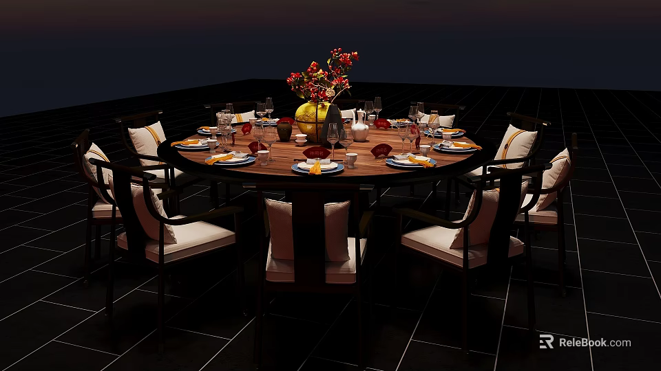 Elegant Round Dining Table Set With Matching Chairs Tableware Vase And Fresh Flowers 3d model 