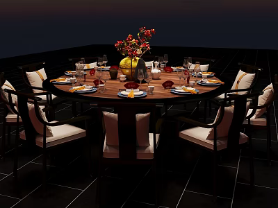 Elegant Round Dining Table Set With Matching Chairs Tableware Vase And Fresh Flowers 3d model