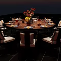 Elegant Round Dining Table Set With Matching Chairs Tableware Vase And Fresh Flowers