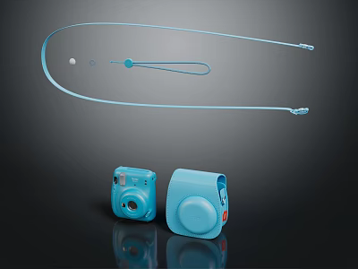 Two Blue Portable Instant Digital Cameras With Matching Adjustable Camera Strap 3d model