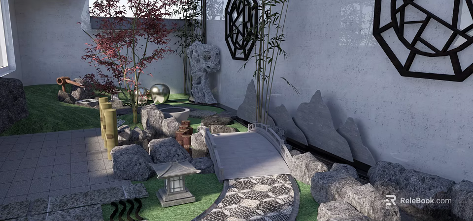 Chinese Courtyard Garden With Rockery Bamboo Stone Bridge Lantern Lattice Window And Patterned Path 3d model 