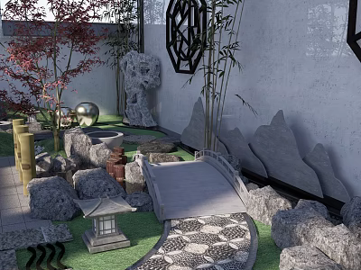 Chinese Courtyard Garden With Rockery Bamboo Stone Bridge Lantern Lattice Window And Patterned Path 3d model