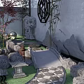 Chinese Courtyard Garden With Rockery Bamboo Stone Bridge Lantern Lattice Window And Patterned Path
