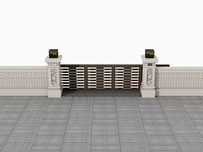 Traditional Building Exterior Wall With Carved Pillars Metal Grille Gate And Brick Wall 3d model