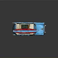 Vintage Blue Station Wagon with Surfboard and Green Suitcase on Roof