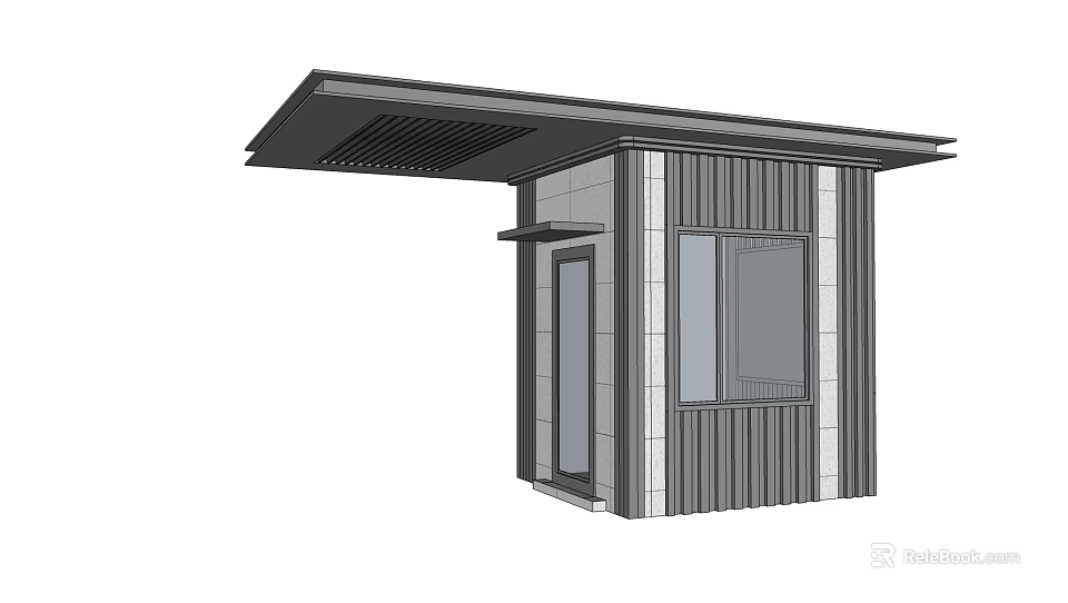 Modern Security Booth With Metal Panel Exterior Stone Wall And Canopy Roof 3d model
