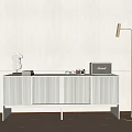 White Vertical Striped TV Stand with Light Strip Sculpture Books Radio and Floor Lamp