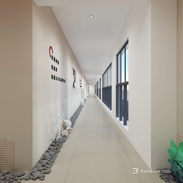 Elevator Hallway Long Corridor With Bright Lighting Large Windows And Decorative Wall Art 3d model
