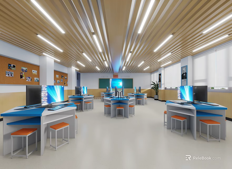 School Computer Lab Interior With Computers Desks And Lights 3d model 
