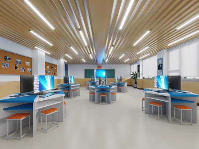 School Computer Lab Interior With Computers Desks And Lights 3d model