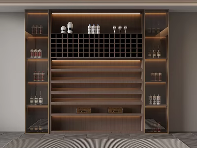 Modern Wine Cabinet Interior Design With Multiple Shelves Wine Bottles And Glasses 3d model