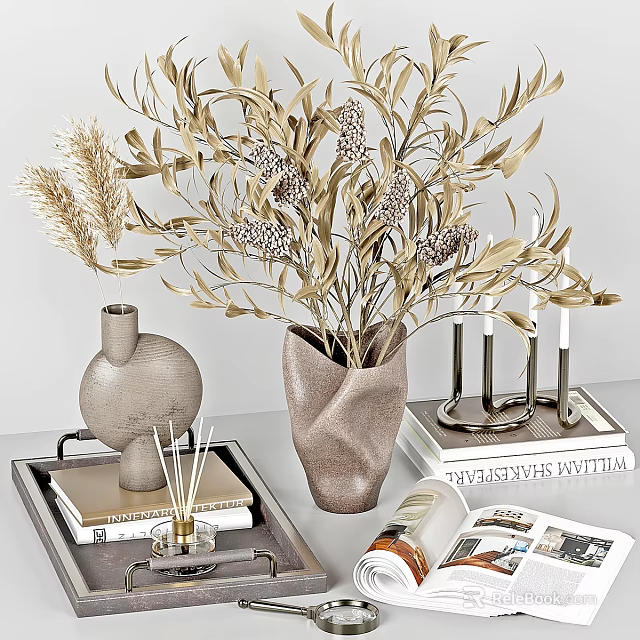 Decorative Ornament Set with Golden Leaves Vase Fragrance Diffuser Candle Holder and Magazine 3d model 
