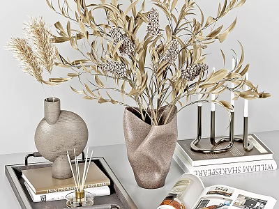 Decorative Ornament Set with Golden Leaves Vase Fragrance Diffuser Candle Holder and Magazine 3d model