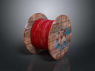 Wooden Cable Reel With Wound Red Cable And Blue Marked Sides 3d model