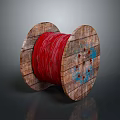 Wooden Cable Reel With Wound Red Cable And Blue Marked Sides