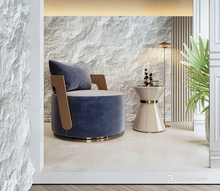 Blue Velvet Round Single Sofa With Wooden Armrests Gray Pillow And White Side Table 3d model 