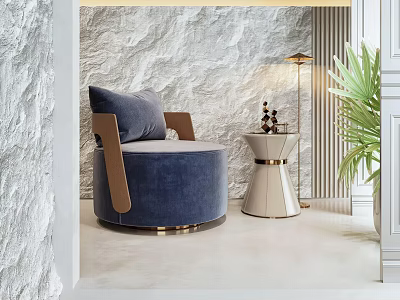 Blue Velvet Round Single Sofa With Wooden Armrests Gray Pillow And White Side Table 3d model