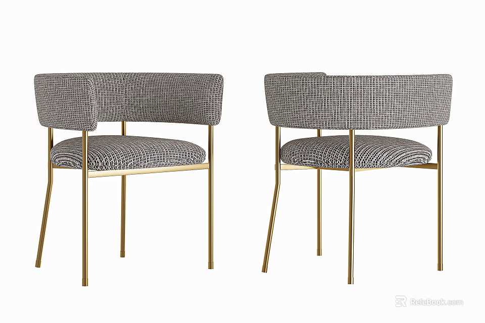 Two Modern Accent Chairs With Gray Woven Fabric And Gold Metal Legs 3d model 